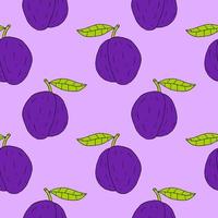 Cartoon doodle linear plum with leaf seamless pattern. Fruit background. vector