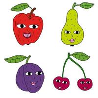 caricatura feliz garabato manzana retro, ciruela, pera, personajes de cereza con hoja aislada en fondo blanco. vector