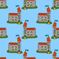 Cartoon linear doodle retro castle with flag seamless pattern. Medieval landmark background. vector