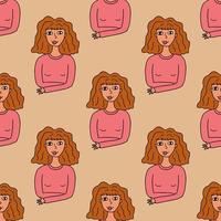 Cute cartoon hand drawn doodle teenage girl portrait, avatar seamless pattern. vector