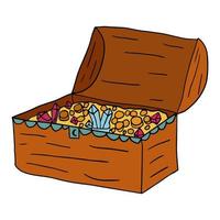 Doodle chest with gold and gems isolated on white background.