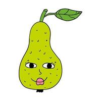 Happy doodle green pear character with leaf. Fruit isolated on white background. vector