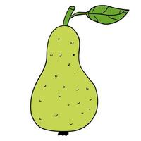 Doodle green pear with leaf. Fruit isolated on white background. vector