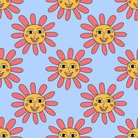 Groovy smiley hippie flower seamless pattern. Colorful fantasy happy cartoon flower character background.