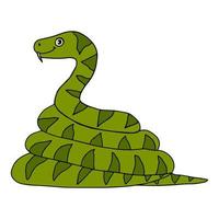 Linda serpiente enrollada de dibujos animados en estilo de garabato infantil aislado sobre fondo blanco. vector