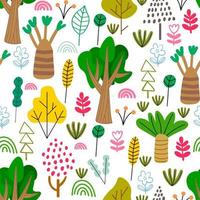 Cartoon doodle forest seamless pattern. Trees, bushes, leaves, flowers in Scandinavian childlike style background. vector