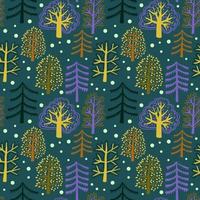 Cute forest seamless pattern with cartoon summer trees and dots in flat doodle style. Woodland background. vector