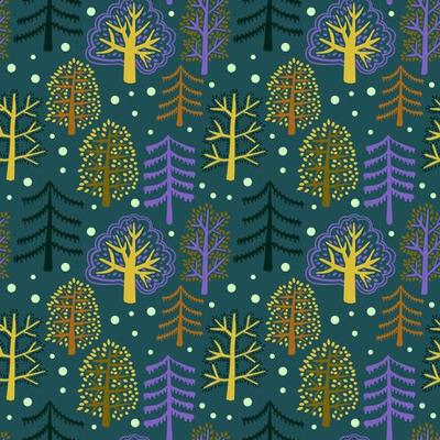 Cute forest seamless pattern with cartoon summer trees and dots in flat doodle style. Woodland background.