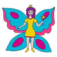 Happy fantasy doodle fairy butterfly princess flying with magic wand.