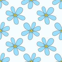 Groovy smiley hippie flower seamless pattern. Colorful fantasy happy cartoon flower character background. vector
