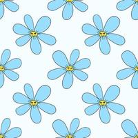 Groovy smiley hippie flower seamless pattern. Colorful fantasy happy cartoon flower character background. vector