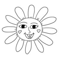 maravillosa flor hippie sonriente. personaje de flor de dibujos animados feliz fantasía colorida aislado sobre fondo blanco. vector