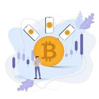 smart man holding bitcoins currency and mobile of trading chart, abstract crypto on white background vector