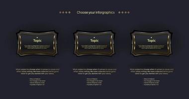Dark premium buttons Infographic circle, with three options process chart, and golden shapes diagram in 3 steps business and finanial element template design. For business presentation vector