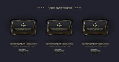 Dark premium buttons Infographic circle, with three options process chart, and golden shapes diagram in 3 steps business and finanial element template design. For business presentation vector