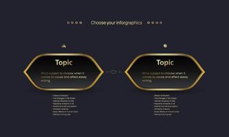 dos opciones infográficas modernas de lujo diseño de gráfico sobre fondo oscuro los pasos de diagrama de flujo dorado utilizados en finanzas y diseño de objetos comerciales en estilo vectorial e ilustrativo vector