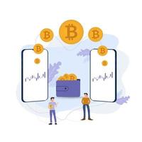 Rating Crypto currency. with 2 people trading and investing. ModernBitcoin, altcoin. Digital web money. Blockchain. Fintech industry. Business, finance. flat cartoon style vector