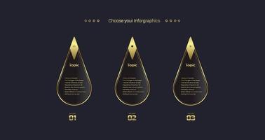 Luxury Oval shape Vector in Three golden buttons on Dark background, Three Modern Luxury Options flow chart design. vector, illustration