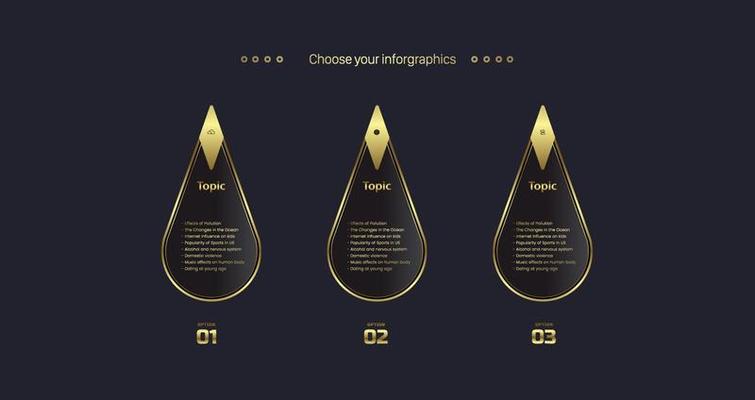 Luxury Oval shape Vector in Three golden buttons on Dark background, Three Modern Luxury Options flow chart design. vector, illustration