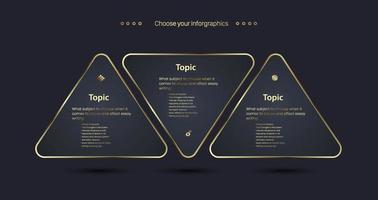 diseño de gráfico infográfico de lujo premium moderno y plantilla de ilustración vectorial gráfico dorado con fondo oscuro con tres opciones o pasos vector de diseño premium