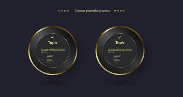 tres plantillas vectoriales infográficas doradas multipropósito con tres opciones de elementos y una versión dorada premium sobre un fondo oscuro con 3 diseños de plantillas de gráfico de información dorada vector