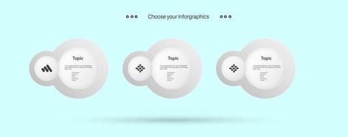 tres pasos de proceso infográfico blanco o panel de opciones de círculos de gráficos blancos sobre fondo blanco y plantilla infográfica con 3 opciones o pasos de diseño vectorial vector