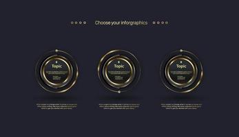 Pasos de plantilla de infografía de línea de tiempo de tres botones y con elementos de lujo de cirxcles modernos. gráfico de concepto de negocio de niveles premium en flujo de trabajo y pasos vector