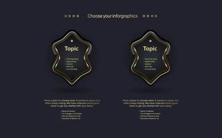 TWO Options banner steps in Luxury dark buttons with golden stoke on dark background design. A modern template of luxury shapes vector elements chart, vector and illustration
