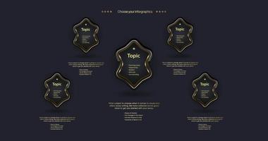 FIVE premuim golden options banner, A best Luxury dark buttons with golden stoke on it, a glass banner vector object chart that used for workflow layout, infographic, diagram, report, advertising