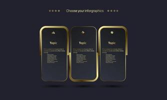 diseño infográfico de tres opciones de lujo con fondo oscuro, dorado para elementos financieros y comerciales, plantillas vectoriales e ilustrativas