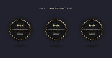 Three circles Business infographic buttons design. A modern options elements with golden stoke on dark background. For finance and business presentation objectt emplate, Vector illustration