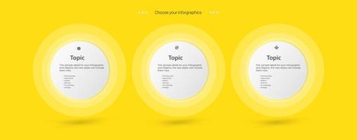 tres pasos de proceso infográfico con 3 gráficos en paneles blancos sobre fondo azul claro y plantilla infográfica con tres opciones o pasos, 3 plantillas comerciales para presentación vector