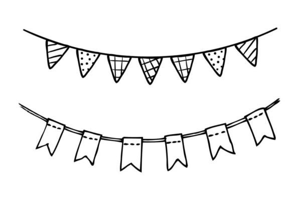 Doodle party bunting flags set. Black line sketch garlands