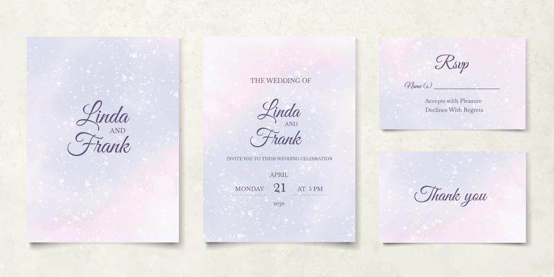 Blue pink watercolor wedding card template set. Abstract elegant background
