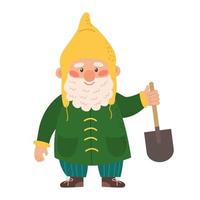 Happy cute little garden gnome with a beard. Dwarf elf holding a shovel. Vector illustration of a fairytale character isolated on a white background.