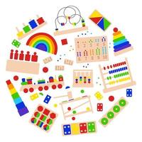 Collection of wooden Educational logic toys for Montessori games. Montessori system for early childhood development. Set of vector objects on a white background.