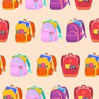 Various colorful backpacks with stationery. Cartoon vector seamless pattern. Beige background. Packaging, textile template.