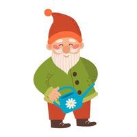 Happy cute little garden gnome with a beard. Dwarf elf holding watering can. Vector illustration of a fairytale character isolated on a white background.