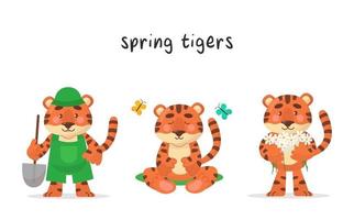 Set of three cute tiger characters. Character for each spring month. Vector cartoon style. Illustrations are suitable for children's products, stickers, banners and posters.