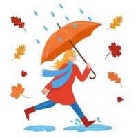 Smiling Girl runs through puddles around with an umbrella in the rain. Flat cartoon colorful vector illustration. The concept of the autumn mood and pastime.