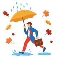 Smiling man runs through puddles with an umbrella in the rain. Flat cartoon colorful vector illustration. The concept of autumn mood and lifestyle.