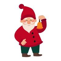 Happy cute xmas little gnome with beard. Cute elf dwarf holds a bell. Colored vector illustration of fairytale character isolated on white background.