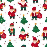 Seamless pattern with christmas little gnomes, dwarfs, elves. Endless repeatable backdrop with fairy tale characters. Childish flat vector illustration.