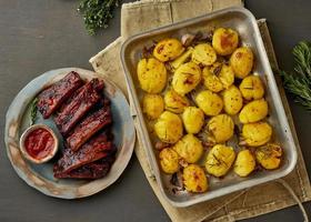 Barbecue pork ribs and crushed smashed potatoes. Slow cooking recipe. photo