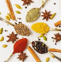 Mix of Indian spices in spoons on white wooden table, top view. Background with seasonings photo