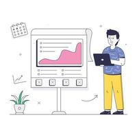 Person explaining business graph and chart on a presentation board, an isometric illustration vector