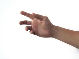 Asian man hand reaching out on white background. photo