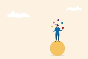 Man juggles the balls while he is balacing on a big ball. Multitasking concept, busy with business, training juggling, fun free time. vector