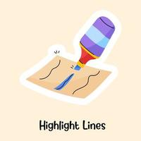 Paper with blue highlighter, flat sticker of highlight lines vector