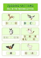 Fill the missing letter of each word worksheet for children vector